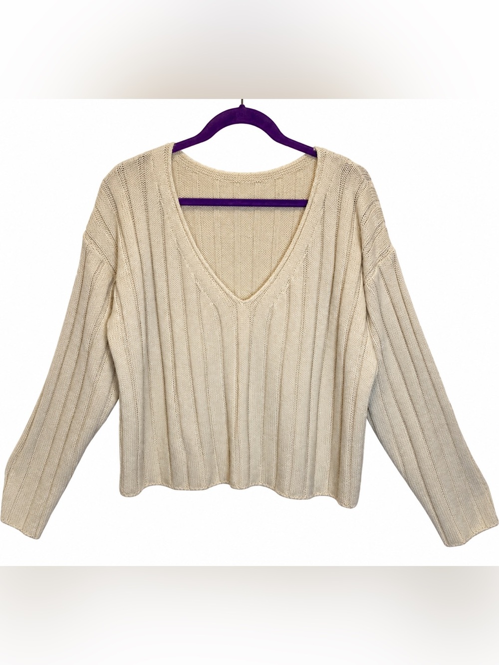 SHEIN Cream V-Neck Ribbed Knit Sz 2X Drop Shoulder Women's Sweater
